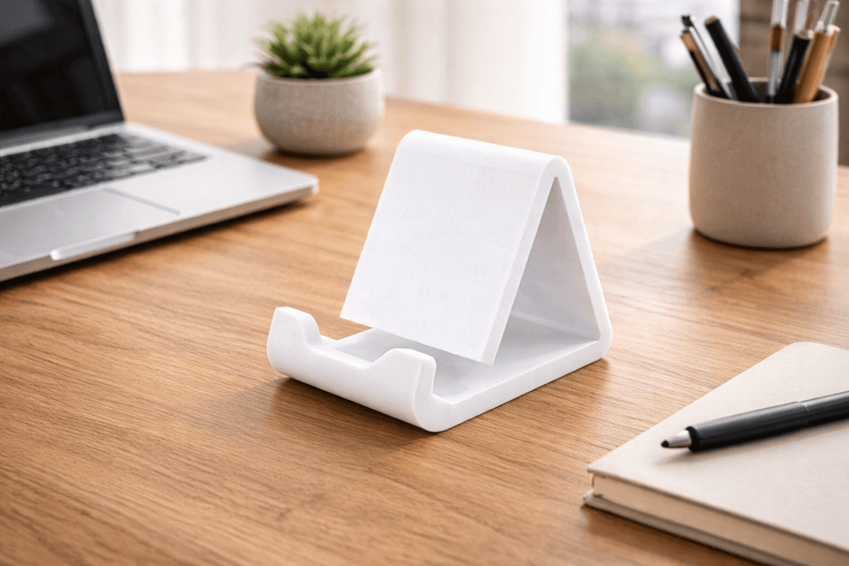 Support téléphone blanc imprimé en 3D sur un bureau